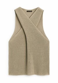 Beige, sleeveless sweater with a cross-over design. Knitted texture, minimal detailing, and an A-line silhouette. Soft, lightweight material.