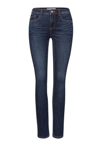 Vaqueros ajustados azul oscuro con detalles descoloridos, cierre frontal de botón y cremallera, y diseño de cinco bolsillos.