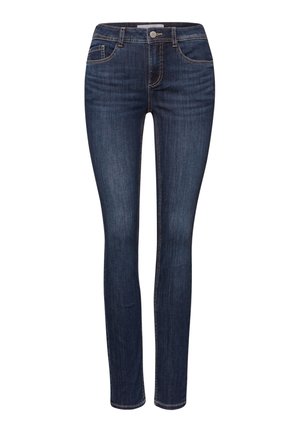 Jean slim bleu foncé avec effet délavé, bouton frontal, fermeture éclair, et design à cinq poches.