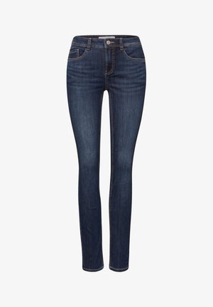 Mørkeblå jeans med slim-fit, falmede detaljer, forreste knap, lynlås og design med fem lommer.