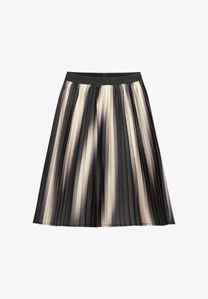 Ein plissierter Rock mit wechselnden schwarzen und beigen vertikalen Streifen. Verfügt über einen strukturierten schwarzen Bund. Hergestellt aus leichtem, fließendem Material.