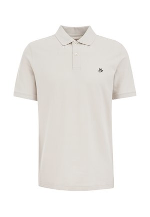 Light beige polo shirt made of textured cotton, featuring a three-button placket and a black embroidered logo on the left chest.