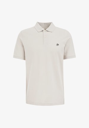 Light beige polo shirt made of textured cotton, featuring a three-button placket and a black embroidered logo on the left chest.