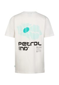 T-shirt en coton blanc avec un grand motif graphique turquoise et un texte noir au dos. Comprend les détails de la marque et de l'enregistrement.