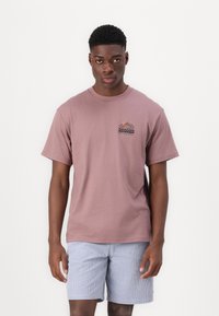Kurzärmliges, mauvefarbenes Baumwoll-T-Shirt mit einem Berg-Print in Schwarz und Orange auf der linken Brust, kombiniert mit hellblauen gestreiften Shorts.