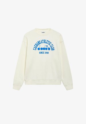 Felpa color crema e pantaloni abbinati, con stampa di testo blu, caratterizzati da collo rotondo, polsini elasticizzati e una vestibilità comoda.