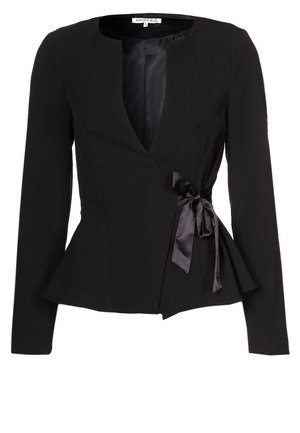 Schwarzer Blazer mit langen Ärmeln, taillierter Passform, tiefem V-Ausschnitt, Peplum-Taille und seitlichem Satinschleifenverschluss.