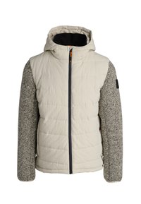 Gewatteerde jas met een crèmekleurig lichaam en grijze gebreide mouwen. Voorzien van een capuchon, een voorkant rits met een oranje trekband en een zwarte binnenvoering.