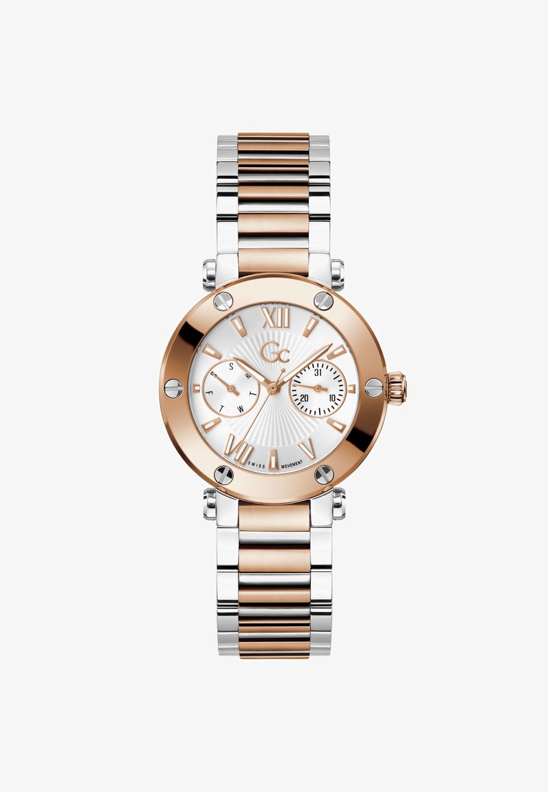 Ura iz nerjavečega jekla z dvobarvno zapestnico rožnatega zlata in srebrne barve, okroglo številčnico, belim obrazcem, rimskimi številkami in dvemi podštevilčnicama za merjenje časa.