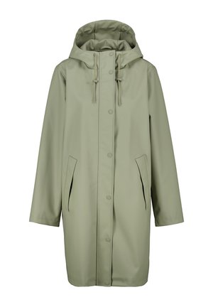Imperméable en vert olive clair, avec une capuche, une fermeture à pression à l'avant, deux poches latérales et une silhouette décontractée. Texture lisse.