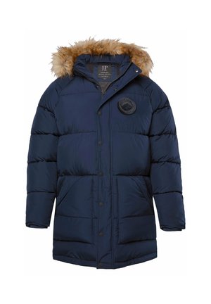 Dunkelblauer gepolsterter Winterparka mit Knopf- und Reißverschluss, zwei Fronttaschen, mit Fell besetzter Kapuze und runder Brustapplikation.