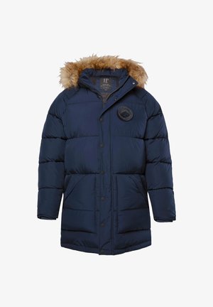 Tummansiniselle vuoratulle talvitakille, jossa on nappi- ja vetoketjukiinnitys, kaksi etutaskua, karvavuorattu huppu ja pyöreä rintapatch.