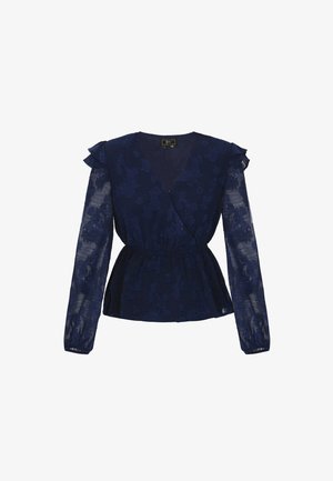 Tengerészkék blúz fodros ujjakkal, átkötős kialakítással, texturált virágmintával és gumis derékkal a karcsú sziluett érdekében.