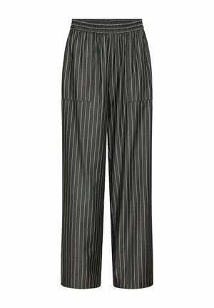 Black pinstriped trousers with an elastic waistband, wide legs, and two front pockets. Made from a smooth fabric with a subtle sheen.