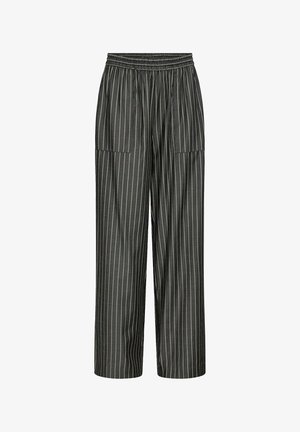 Pantalones a rayas negros con cinturilla elástica, pierna ancha y dos bolsillos frontales. Fabricados en un tejido suave con un brillo sutil.