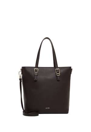 Sac à main en cuir marron foncé avec deux poignées supérieures, bandoulière amovible, et petit logo argenté au centre devant.