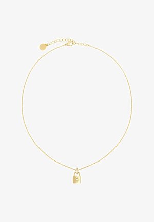 Collier en chaîne dorée avec un petit pendentif en forme de cadenas orné d'une étoile, texture de maillon fin, longueur ajustable avec une fermeture à clip.
