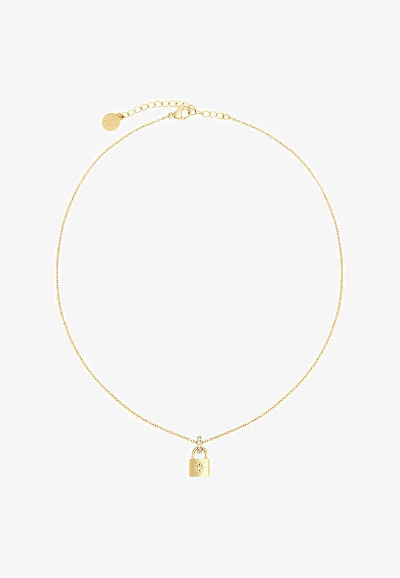Zlatý řetízek s malým přívěskem ve tvaru zámku se starým designem, jemnou texturou článků, nastavitelnou délkou a zapínáním na klip.