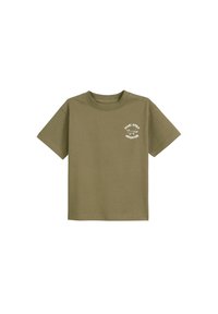 Olivgrünes Baumwoll-T-Shirt mit kurzen Ärmeln und Rundhalsausschnitt, mit weißem Text und einer Grafik im linken Brustbereich.