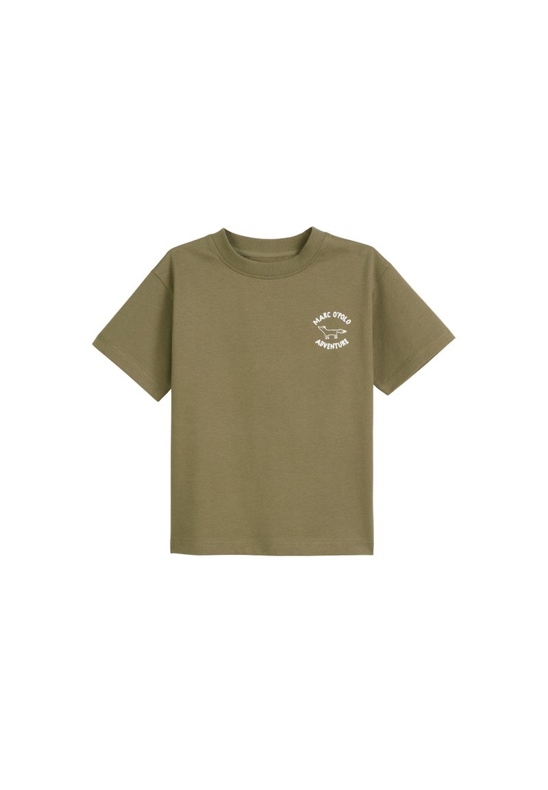 Olivgrünes Baumwoll-T-Shirt mit kurzen Ärmeln und Rundhalsausschnitt, mit weißem Text und einer Grafik im linken Brustbereich.