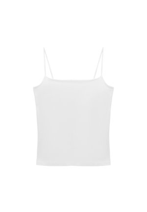 Bílý, lehký top na ramínka s tenkými spaghetti popruhy a přiléhavým střihem; vyrobený z hladké látky, s jednobarevným designem.