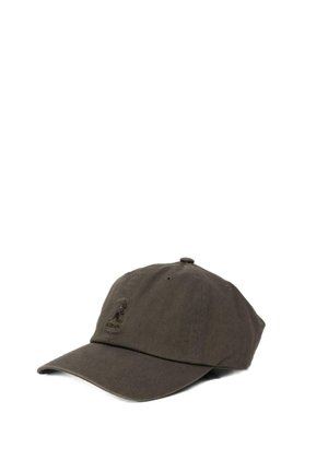 Brown cap with a curved brim, made from textured fabric, featuring an embroidered logo on the front. Adjustable strap at the back.