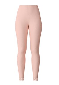 Lichtroze geribbelde leggings met een hoge tailleband en kantafwerking aan de pijpen. De stof heeft een textuur en rekbaar ontwerp.