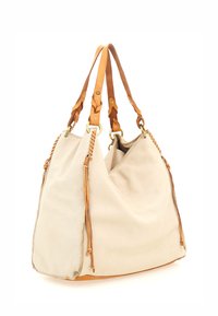 Borsa a tracolla in tela beige con dettagli in pelle, due spallacci marroni e rifiniture intrecciate, dal design morbido e con accessori in oro.