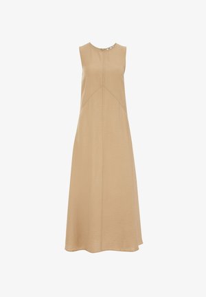 Abito senza maniche beige con scollatura rotonda, tessuto testurizzato, silhouette svasata e dettagli con cuciture verticali.