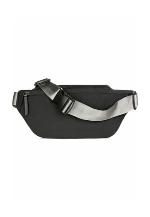 Schwarze Bauchtasche mit vorne angebrachter Reißverschlusstasche und verstellbarem grauem Riemen mit Kunststoffschnalle.