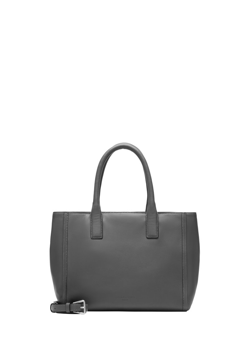 Graue Leder-Tote-Bag mit glatter Textur, rechteckiger Form, doppelten Griffen und einem abnehmbaren Riemen. Minimalistisches Design mit dezenten Nähdetails.