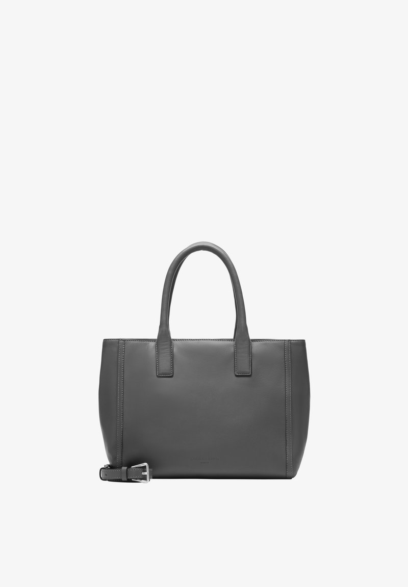 Graue Leder-Tote-Bag mit glatter Textur, rechteckiger Form, doppelten Griffen und einem abnehmbaren Riemen. Minimalistisches Design mit dezenten Nähdetails.