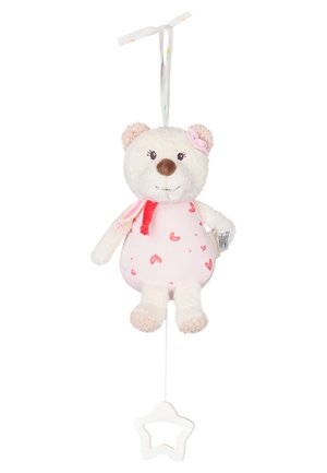 Weißer Plüschbär mit rosa Kleid und Schleife, hängend an einem Band, mit Zugschnur und sternförmigem Griff.