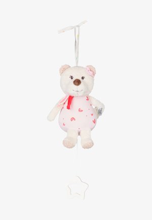 Plush white bear with pink dress and bow, hanging by ribbon, with pull string featuring a star-shaped handle.