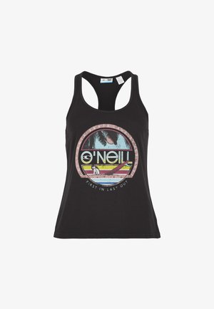 Czarny top na ramiączkach typu racerback. Posiada okrągły, wielokolorowy wzór z nazwą marki "O'Neill" i palmami. Wykonany z bawełny.