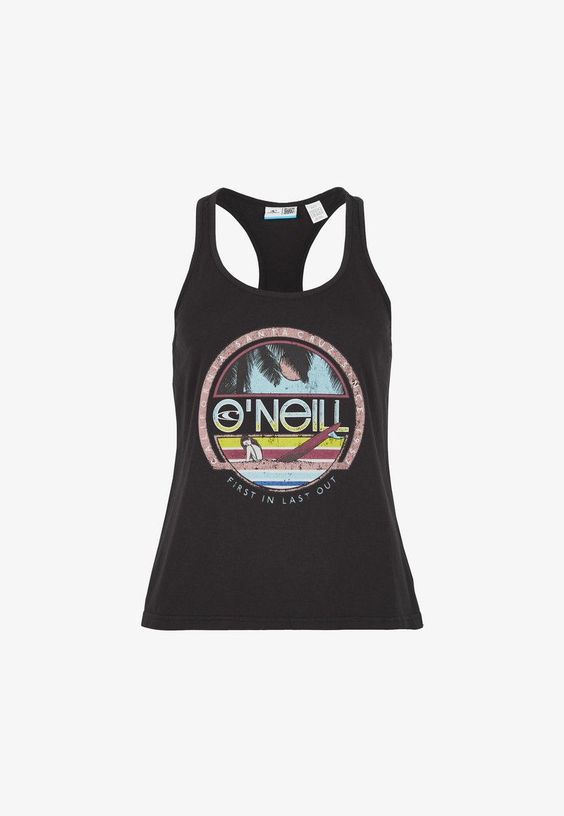 Svart linne med racerback-design. Har en cirkulär flerfärgad grafik med varumärkesnamnet "O'Neill" och palmer. Tillverkat av bomull.