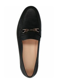 Black leather loafer with a curved shape, featuring a decorative gold-tone hardware accent, and a smooth, matte texture on the upper.