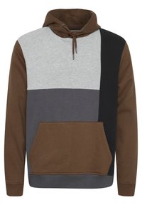 Hoodie met een kleurblokontwerp featuring grijze, bruine, zwarte en donkergrijze secties. Bevat een voorzak en een verstelbare trekkoord.