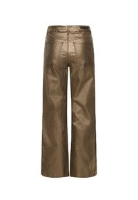 Pantaloni ampi in bronzo metallico con vita alta, tasche posteriori e una texture liscia. Linee pulite senza hardware visibile.