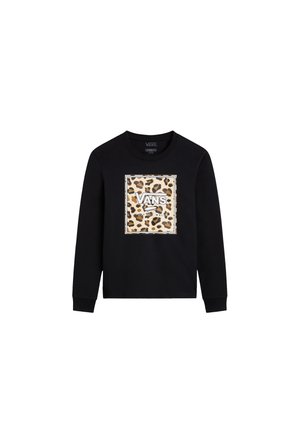 Sort langærmet T-shirt med leopardmønstret kvadratisk grafik og hvid "VANS"-logo i midten. Bomulds materiale, blød tekstur.