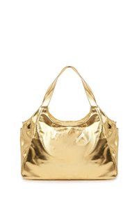 Borsa metallica dorata con una superficie liscia e lucida, dotata di un'ampia apertura, doppi manici per la spalla e tasche laterali per la conservazione.