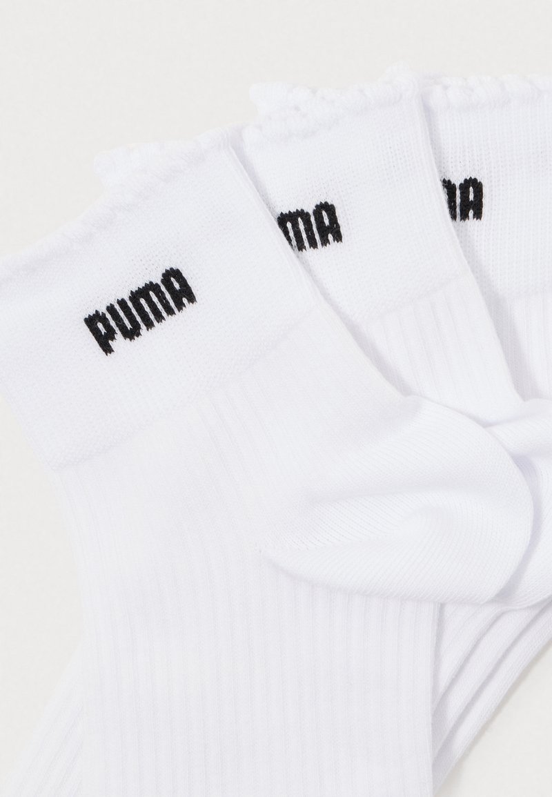 Chaussettes blanches à côtes avec un bord froncé et un logo "PUMA" noir. Fabriquées en matériau doux et extensible, adaptées pour un port décontracté.