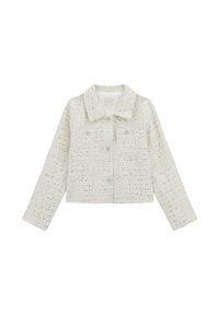 Weiße, gekürzte Jacke aus strukturiertem Stoff mit gewebtem Muster. Verfügt über einen Kragen, Fronttaschen und Knopfverschlüsse.