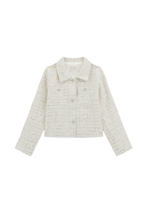 Weiße, gekürzte Jacke aus strukturiertem Stoff mit gewebtem Muster. Verfügt über einen Kragen, Fronttaschen und Knopfverschlüsse.