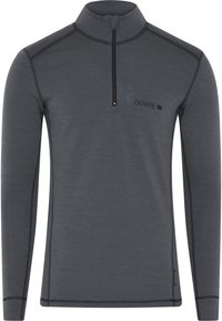 Grå langærmet pullover med halv-zip krave, prydet med kontrastfarvet sort syning og et lille logo på brystet. Stoffet ser glat ud.