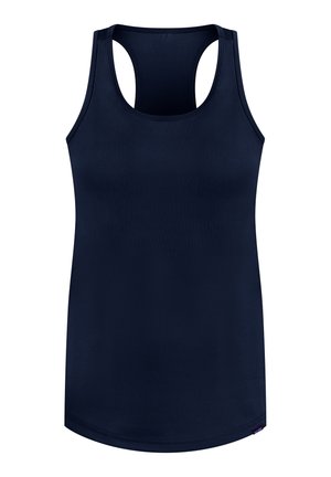 Top senza maniche di colore blu navy con scollatura a giro e design racerback, realizzato in un tessuto liscio e elasticizzato. Senza motivi o accenti evidenti.