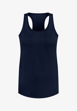 Dunkelblaues ärmelloses Tanktop mit einem Rundhalsausschnitt und Racerback-Design, aus einem glatten, dehnbaren Stoff. Keine auffälligen Muster oder Akzente.