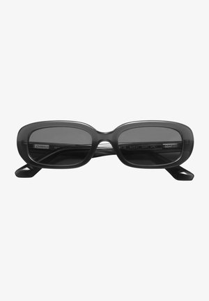 Dunkelgraue rechteckige Sonnenbrille mit dicker Fassung, glatter Oberfläche und leicht abgerundeten Kanten. Verfügt über dunkle Linsen und gebrandete Bügel.