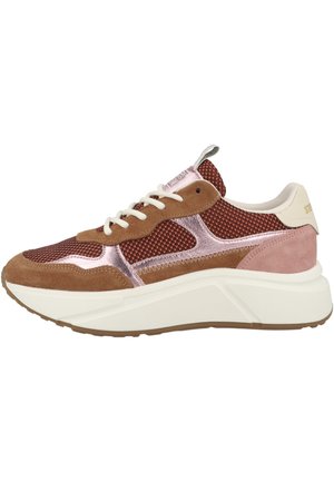 Chunky sneaker with brown suede and pink metallic panels, red mesh fabric, white laces, beige heel, and thick white sole.
