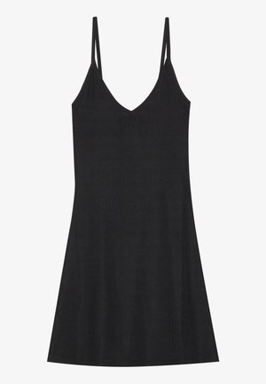 Black ribbed slip dress with a V-neck and thin adjustable straps. Features a relaxed fit, falling above the knees, with minimalistic design.